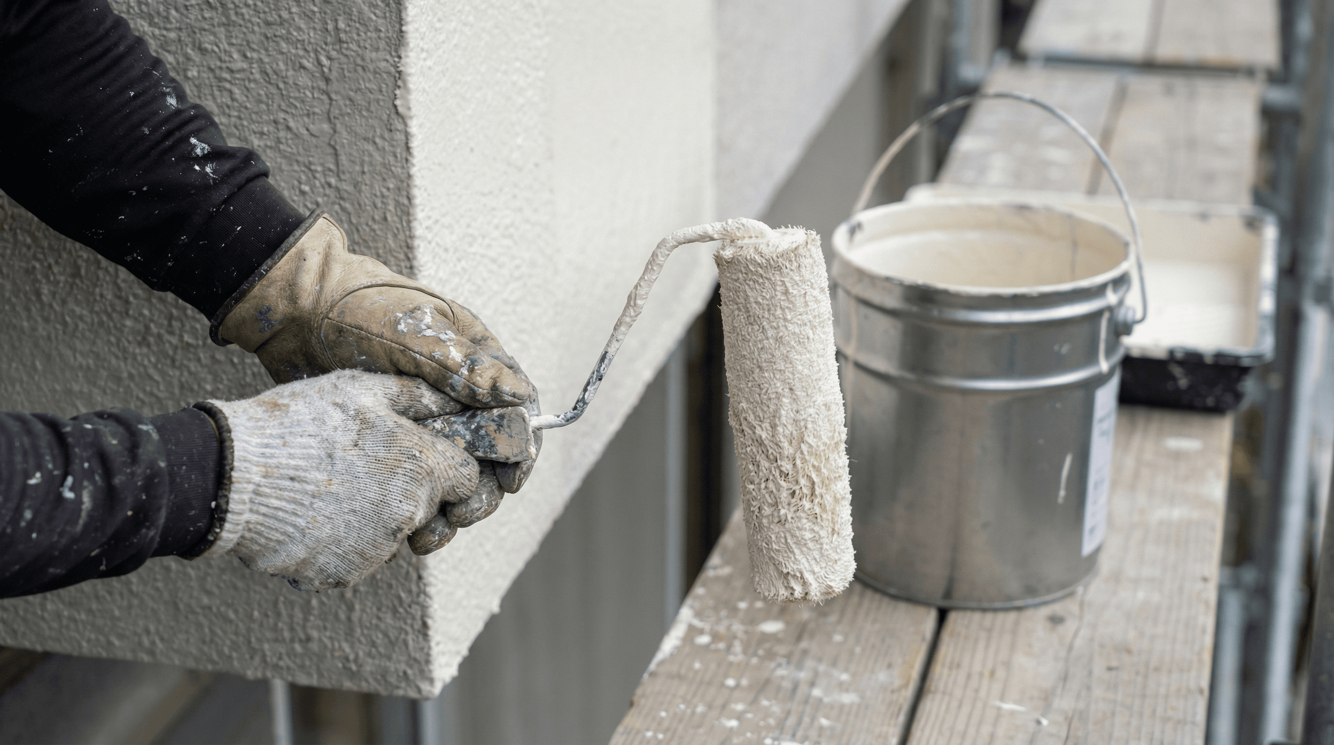 ローラーで手塗りする職人