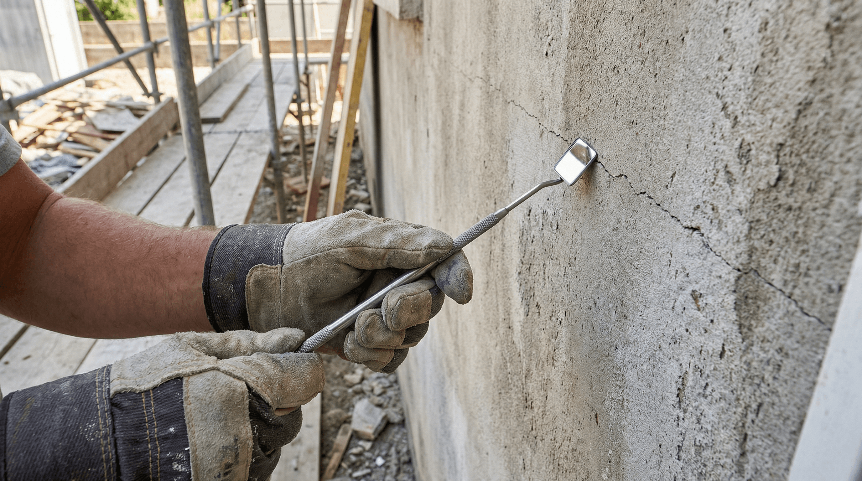 クラックを指差し棒で点検する手元
